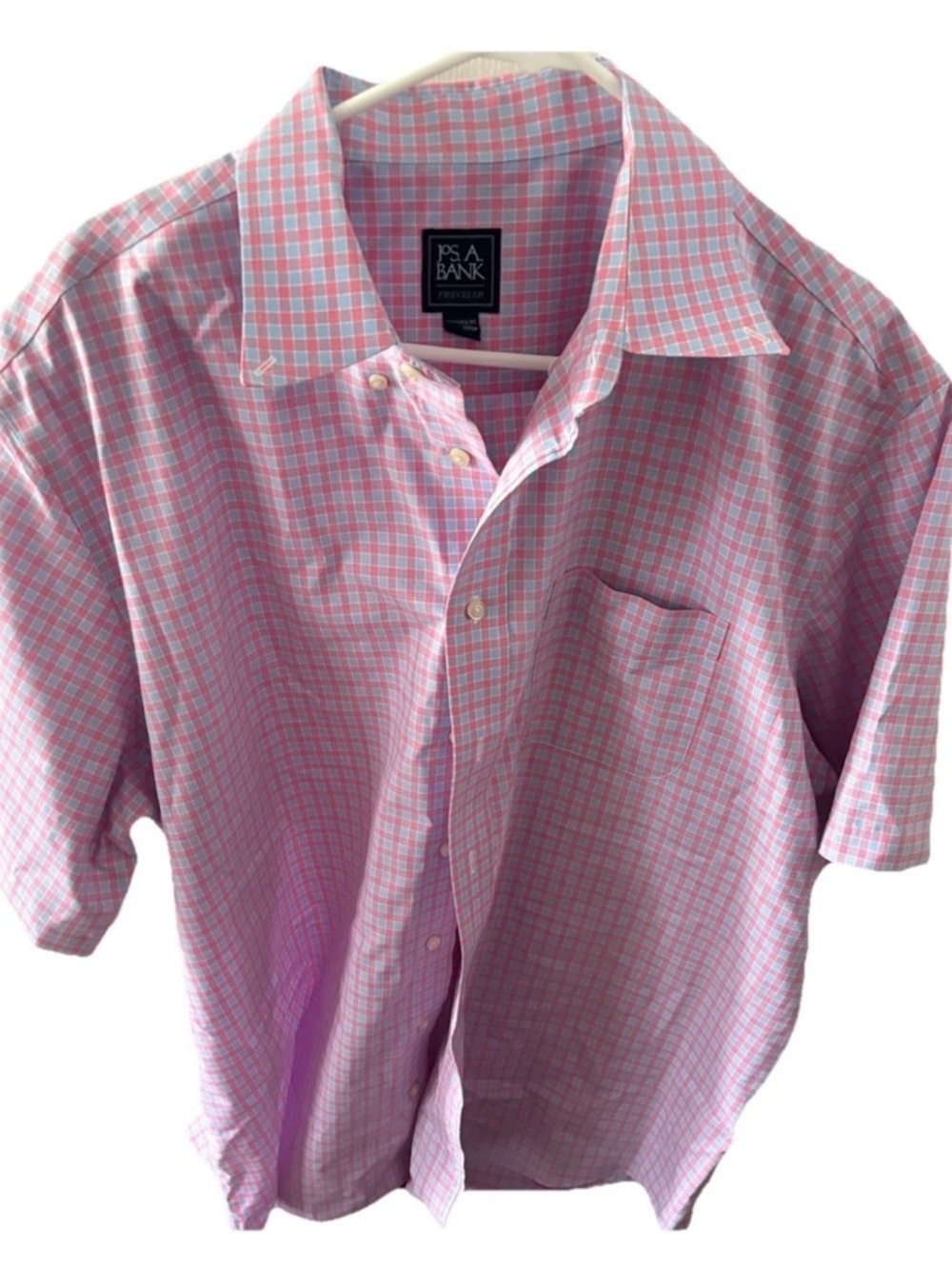 JOS. A. BANK Men's Shirt  XL Short Sleeve Seersucker Plaid Pink & Blue